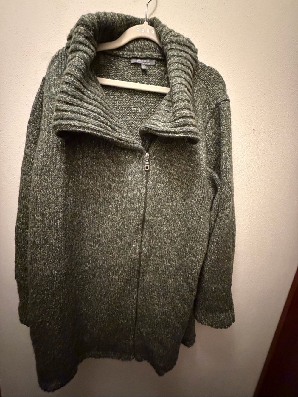 Lisa Rinna Collection Olive Green Ribbed Shawl Collar Zip Cardigan